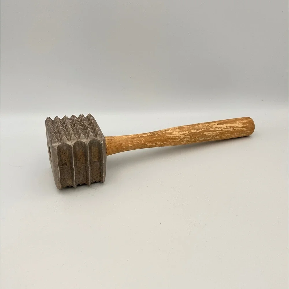 Vintage Meat Tenderizer Mallet Wood Handle Dual Sided Metal Head Primitive Tool